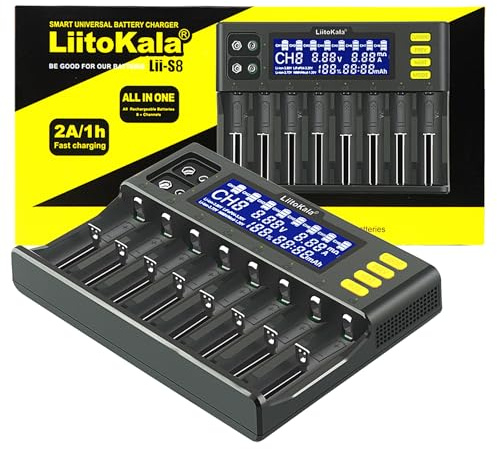 MXJFYY LiitoKala Lii-S8 Akkuladegerät Schnellladegerät mit LCD-Display Touching Control, 18650 8 Steckplätze 9V Ladegerät für Li-Ionen LiFePO4 Ni-MH Ni-Cd AA AAA C 21700 26650 13650 16340 18700 RCR123