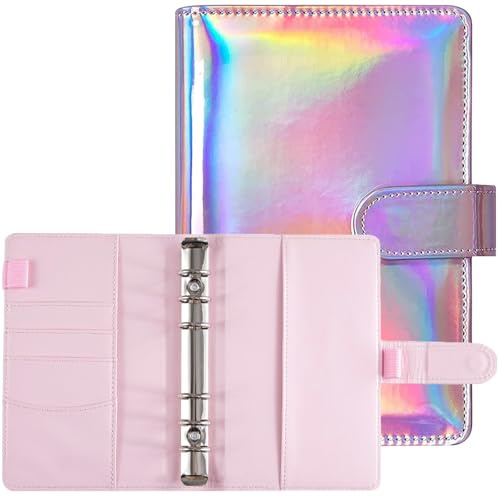 Ordner mit Ringen, A6-Ringordner aus PU-Leder, A6-Ringbuch, nachfüllbar mit 6 Ringen mit Magnetschnalle, für Handbuch und Budget Planner-Rosa Laser