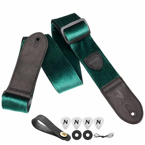 Nefelibata Gitarrengurt, Doppeltes Vollnarbenleder, Vintage Velvet Strap/FREE BONUS-4 Plektren+Strap Locks, Geschenk für Bass- und Elektrogitarren(Weinlese Weihnachtsgrün)