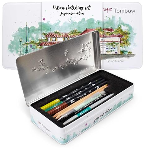 Tombow Urban Sketching Set Japan Edition, hochwertige Künstlerstifte & Anleitung, Brush Pens & Waterbrush für Aquarelle, Metallbox zur Aufbewahrung [URBAN-SET2]
