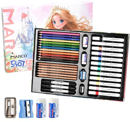 MARCO Juego de pintura para niños, 37 piezas, juego de lápices de colores, lápices de dibujo y marcadores en estuche de regalo de artista, con goma de borrar y sacapuntas para niños de 5 a 12 años
