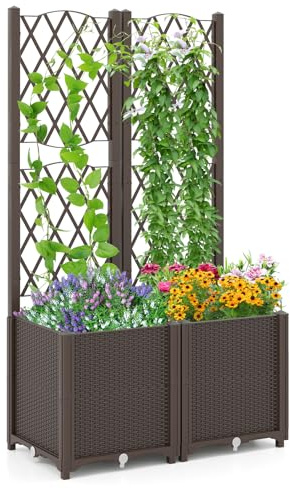 GOPLUS Blumenkasten mit Rankgitter, Hochbeet mit Spalier für Kletterpflanzen & Topfpflanzen, Tiefes Pflanzbeet mit Drainagelöchern für Balkon, Hinterhof & Garten (Braun,80 x 40 x 140 cm)