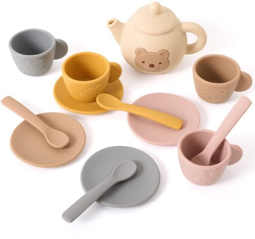 OESSUF Bear Children's Tea Party Set - 13PCS Silicone Tea Pot with 4 3D Animal Cups , Coasters & Spoons Leak-Proof Dishwasher Montessori Learning Pretend Play Gift for 1 2 3 4 5 Year Old Boys Girls