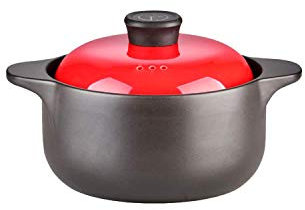 Sopera de cerámica Pura con Doble asa y Tapa Resistente al Calor, Redonda, Color Negro, con Tapa, Color Rojo, 4,5 L.