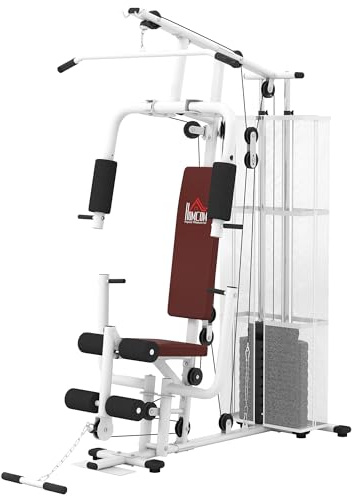 HOMCOM Stazione Fitness con Pull Down, Chest Press, Flessioni, Allungamenti delle Gambe e Vogate, Palestra Multifunzione in Acciaio con Peso di 45 kg, per Home Gym Casa, 150x110x210 cm, Bianco