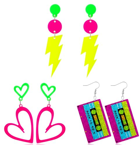 Livdouyu 3 Paar 80er 90er Jahre Neon Ohrringe Damen | Retro Ohrringe Accessoires Acryl Set mit Kassette Blitz Herz für Mottoparty Kostüm Party