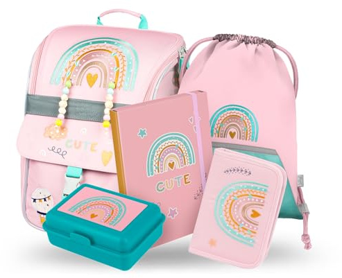 Baagl Schulranzen Mädchen Set 5 Teilig - Schultasche ab 1. Klasse - Grundschule Ranzen mit Brustgurt - Ergonomischer Schulrucksack, 18 l (Regenbogen Rosa)