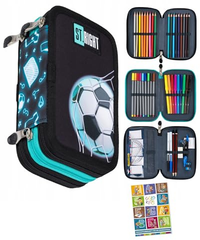 Goldkids - Federmäppchen 3 Fächer - Mäppchen für Mädchen und Jungen - Federmappe 3-Fach Federtasche 46-teilig Gefüllte Schüleretui Hausaufgabenheft- Ball Motiv