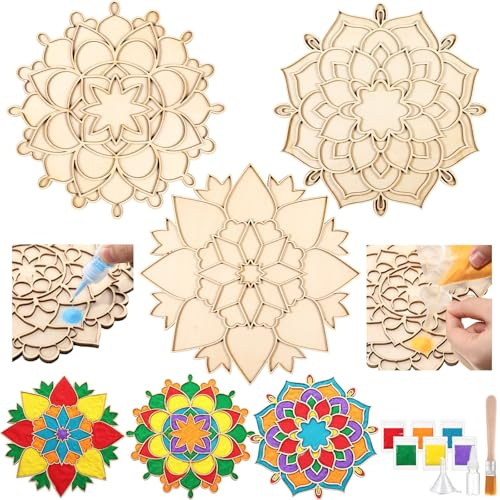 Weekgrat 3 Pcs 9 Inch Diwali Mandala Sand Art set Reusable Rangoli Mats with Colored Sands Wooden DIY Floral Indian Rangoli Stencils Decorative Plates DIY Crafts for Traditional (Classic)