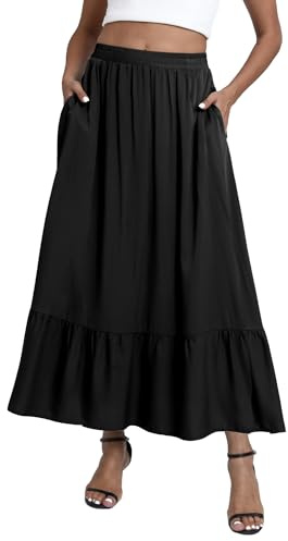 EXCHIC Femmes Boho Flottant Élastique Waist A-Line Maxi Jupe Volants Plissée Plage Longue Jupes avec Poches (XL, Noir)