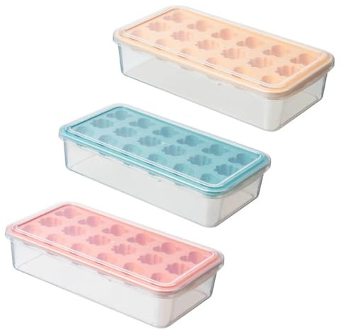 Healifty Molde Para Cubitos De Hielo Rectangular 18 Cavidades 3 Piezas Silicona y Pp Tapa Apilable Para Uso Familiar y Fiestas Colores Azul, Naranja y Amarillo
