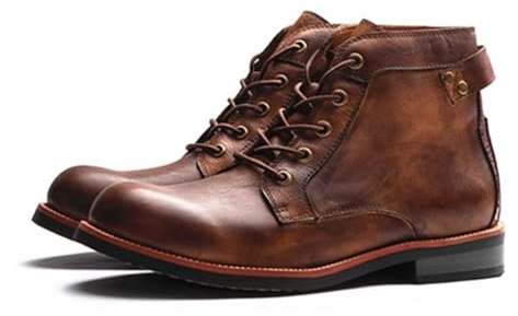 Retro Motorradstiefel Herren - Braune Vintage Biker Stiefel aus Gegerbtem Leder, Robust Arbeitsstiefel & Schnürstiefel im Vintage-Stil für Jeans(Brown,47 EU)