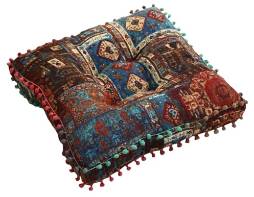 JAYIOLA Sitzkissen Bohemian Sitzpolster Indoor Kissen Patchwork Quadrat Meditations Pouf aus Canvas für Entspannte Momente für Wohnzimmer Schlafzimmer Büro, Böhmisches Blau