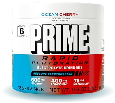 Prime Rapid Rehydration Electrolyte Powder, Ocean Cherry, Sugar Free Hydration Drink Mix with Sodium, Potassium, Magnesium & B Vitamins to Replenish Fluids, Caffeine Free, 6 Gallon Tub, 48 SRV