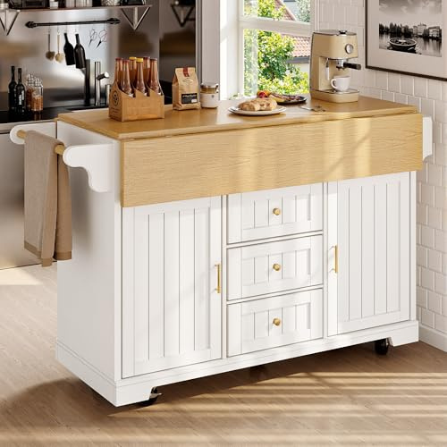 NADEUSAK Isla de cocina 100 x 140 cm, armario, aparador, extensible con ruedas, extensible por ambos lados, con toallero y estante para especias, DOS puertas, TRES cajones, color blanco