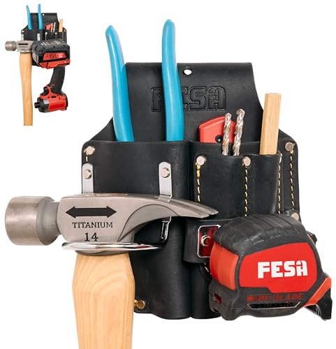 FESA Durable Leather Pliers Holster - Heavy Top Grain Leather Double Plier Holder for Belt with Steel Hammer Holder, Tape Clip & 2 Carpenter's Pencil Pockets - Clip On Any Belt - Handcrafted (Black)