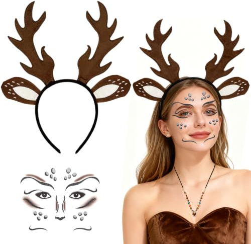 cutlot Karneval Reh Kostüm Set für Damen, Geweih Haarreif + Gesichtstattoo | Leicht zu tragen, hautverträgliches Tattoo, für Fasching Mottoparty Cosplay, passend für Mädchen