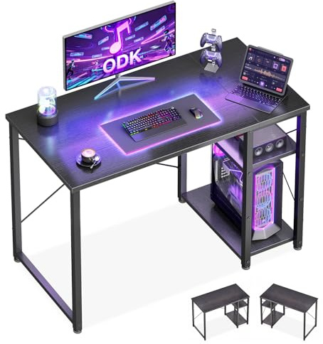 ODK Escritorio Gaming con Estantería Reversible, 100x48cm, Negro