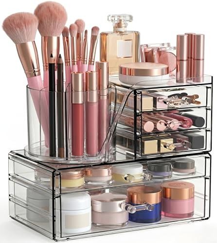 Bingobang 3 Tier Makeup Organiser with 360 Rotating Brush Holder & Drawer | Clear Acrylic Stackable Cosmetics Storage for Dresser Countertop, Bathroom Vanity, Beauty Lipstick, Jewelry, Skincare