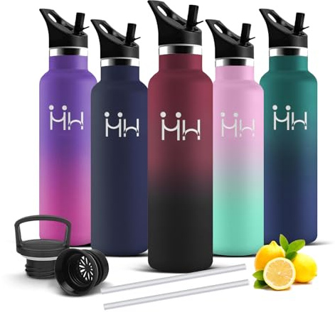 Botella Agua Acero Inoxidable, 500ml Botella Agua Niños, sin BPA, Botellas Termica, A Prueba de Fugas, Botella con Pajita, Mantiene 24H Frio/12H Calor, para la Escuela, Viajar, Hogar, Oficina