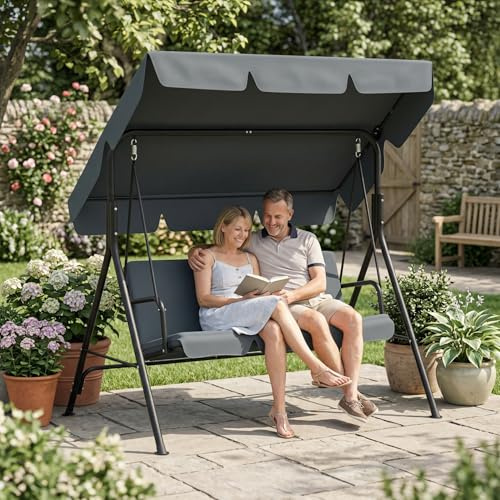 SAILUN 3-Seater Outdoor Canopy Swing Chair, Heavy Duty Patio Swing with Adjustable Sunshade, Weatherproof Garden Furniture, 200KG Capacity, for Garden, Patio, Balcony, Anthracite 176x110x152cm