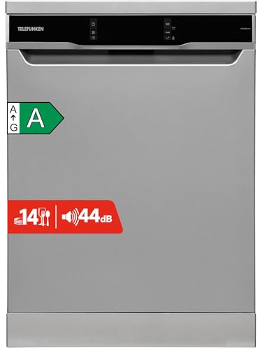 Telefunken Geschirrspüler 60 cm | Spülmaschine freistehend | 14 Maßgedecke | 9 Programme | AquaStop | EEK A | 44 dB | Startzeitvorwahl | Auto-Door | Unterbaufähig | Besteckkorb | Silber | GFS6014AI