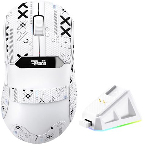 MAGIC-REFINER R1 Wireless Gaming Mouse with RGB Magnetic Charging Dock, PAW3311 Gaming Sensor, 25000DPI, Bluetooth/2.4G Wireless/Wired Mice, Digital Display Screen, Web Driver for PC/Mac-White B