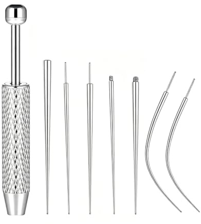 XETHI 1 Pince Piercing with 7 Aiguille Piercing | Tige Insertion en Acier Inoxydable pour Oreilles étirées Hélix Oreille Lèvre Nez Langue avec Outil de Préhension