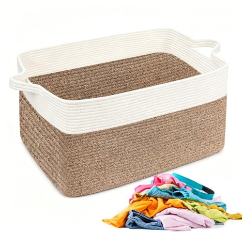 YNNHUDEEP Korg förvaring stor 48 x 34 x 28 cm, med handtag tvättkorgar, vikbar förvaringskorg av bomullsrep, stabil tvättkorg för tvätt, filtar och leksaker, gul och vit