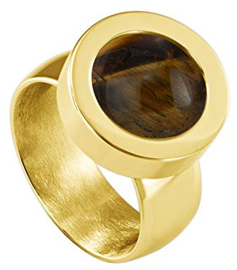 Quiges Glänzend Gold Edelstahl Ring 12mm Mini Coin Halter Wechselring und Austauschbare Brauner Tigerauge Stein in der Größe 18mm