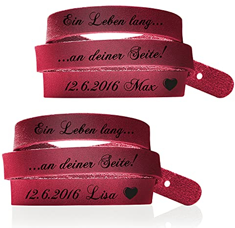 schenkYOU® Zwei Wickelarmbänder mit Gravur gestalten in Latico-rot - Echt Lederarmbänder mit Ihrem Wunschtext graviert - Partnerschmuck als individuelle Geschenkidee für Muttertag