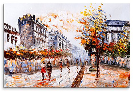 Sinus Art Wandbild 120x80cm Fotodruck aus Ölgemälde – Straßenszene in Paris auf Leinwand für Wohnzimmer, Büro, Schlafzimmer, Ferienwohnung u.v.m. Gestochen scharf in Top Qualität