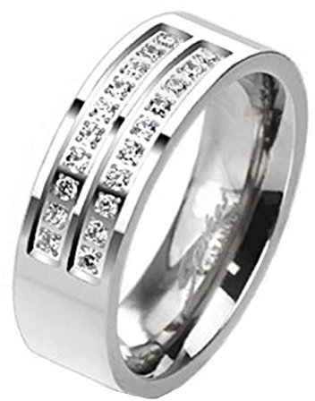 beyoutifulthings funkelnder Zwei ZIRKONIA-Reihen Clear Band-Ring Finger-Ring Titan Verlobungs-Ring Partner-Ring Trau-Ring Silber 63(20.1)
