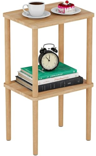 exilot Solid Wood Side Table, 2-Tier Tall End Table with Storage Shelf, Small Nightstand Bedside Table for Bedroom, Living Room, Kids Room & Small Spaces, No-Tool Assembly,(Natural)