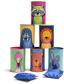BS Toys Dosenwerfen – Wurfspiel für Kinder ab 3 Jahren – Outdoor & Geburtstagsspiel mit 10 Dosen mit Tiermotiven & 2 Wurfsäckchen – Gartenspiel & Geschicklichkeitsspiel