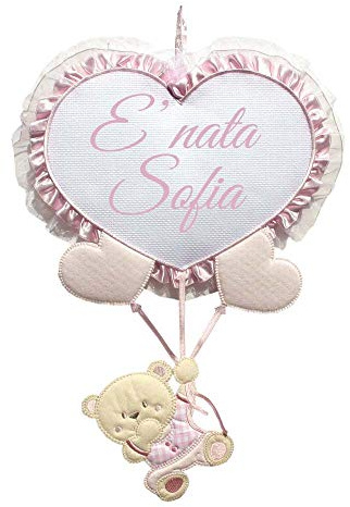 BUBABU' Fiocco nascita ORSO CON CUORI A PALLONCINO, PERSONALIZZATO -INDICA IL NOME NELL'APPOSITO SPAZIO CONSEGNA TEMPESTIVA (ROSA)
