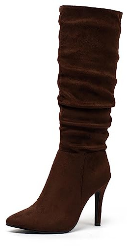 katliu Women Suede Knee High Boots Pointed Toe Stiletto Boot Slouchy Zipper High Heel Boots Brown 8