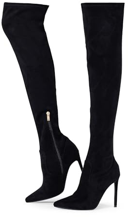 Elisabet Tang Thigh High Boots Over the Knee Boots for Women,Sexy 4.3 inch Stilettos High Heels Boots Stretch Suede Long Pointed Toe Shoes Black Suede Size 7