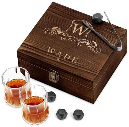 Maverton Whiskey stones set with 2 glasses, 8 reusable ice cubes, MONOGRAM | Chilling rocks in wooden engraved box, Present for a whiskey lover, Birthday gift for men, for connoisseur, christmas