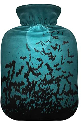 Mnsruu Halloween Mond Fledermaus Nacht Wärmflasche mit Samtbezug, 2L Transparenter Wärmbeutel für Hand Fußwärmer Schmerzlinderung Heißkalt Therapie Krämpfe