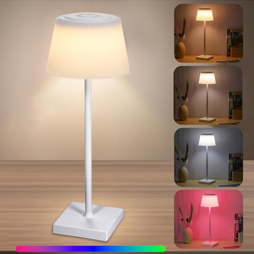 Neoglint Tischlampe Kabellos LED Tischlampe Akku RGB+CCT Dimmbar Wiederaufladbar Touch-Steuerung 3 Farbtemperaturen 4000mAh IP44 LED Tischleuchte Drinnen,Draußen,Deko,Schlafzimmer,Wohnzimmer-Weiß