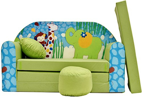 All4All Kindersofa Schlafsofa 3in1 Velo Spielsofa für Kinder Sofa zum Aufklappen Funzy Kindercouch mit Schlaffunktion Verschiedene Muster Grau Rosa Grün Tiermuster Bequem (Z16 Grün/Blau)