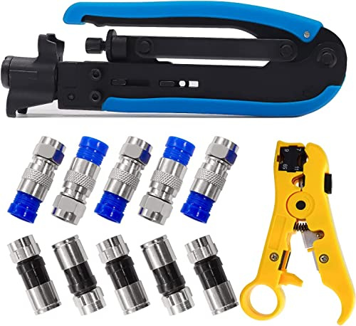 mxuteuk Kit de herramientas de compresión coaxial ajustable RG6 RG59 RG11 75-5 75-7 kit de crimpadora de cable coaxial con 10 conectores de compresión RG6 estilo F G025-BU/G026-Y