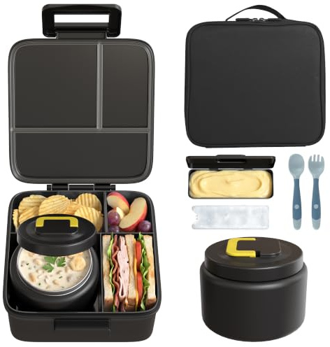 MAISON HUIS Bento Lunch Box with 8oz Soup Thermo and Insulated Lunch Bag, Kids Leakproof Lunch Food Containers with 5 Compartment, Boys Girls Thermo Hot Food Jar for Travel, School, BPA Free (Black)