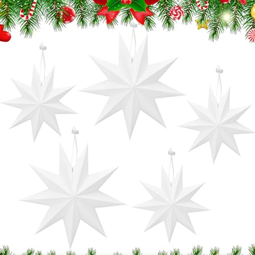 5 Pièces Étoiles en Papier, Étoiles Pliantes de Noël, 30 cm 45 cm Étoiles en Papier Décoratives, Étoiles Suspendues Décoration de Noël Décoration de Fenêtre Intérieure Accessoires de Fête, Blanc