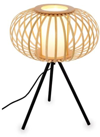 BRILONER – Bambus Nachttischlampe, Schreibtischlampe Holz, Tischlampe Kabelschalter, Leselampe, Boho, Zimmer Deko, Lampe, E27 Fassung, 28x39,5 cm (DxH)