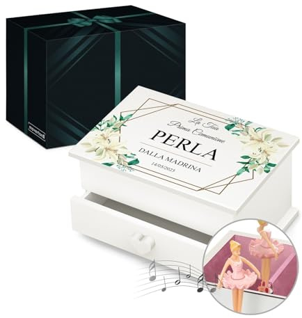 Maverton Jewelkeeper carillon portagioie con cassetto - Con stampa personalizzata - Carillon portagioielli musicale con ballerina - per Battesimo Prima Comunione o Compleanno bambina - Giglio