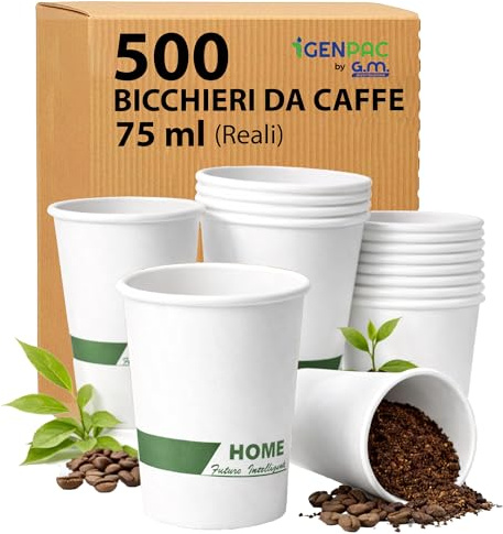 GM Bicchieri da Caffè in Carta Bianchi, 75 ml, 500 Pezzi, Biodegradabili Biocompostabili, Usa e Getta, Ideale per Casa, Ufficio, Asporto Bevande Calde