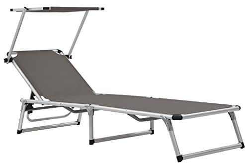 ULUYYUC Rattan-Liegebett Sonnenbank Tagesbett-Überdachung Liege GartenKlappliege mit Sonnenschutz Aluminium und Textiline Graugeeignet für Pools, Strände, Decks