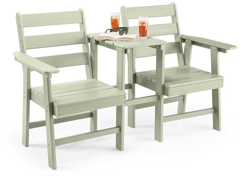 VonHaus Adirondack Love Seat, Sage Green HDPE Jack & Jill, Westport | 2 Person Garden Loveseat, Durable Weather Resistant Plastic Companion Set, Parasol Hole, for Outdoor, Patio & Terrace